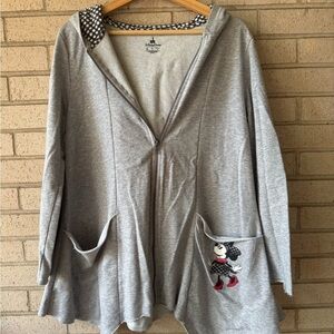 Disney Parks Gray Oversized Zip-Up Hoodie Jacket Minnie Mouse Raw Hem Sz Medium